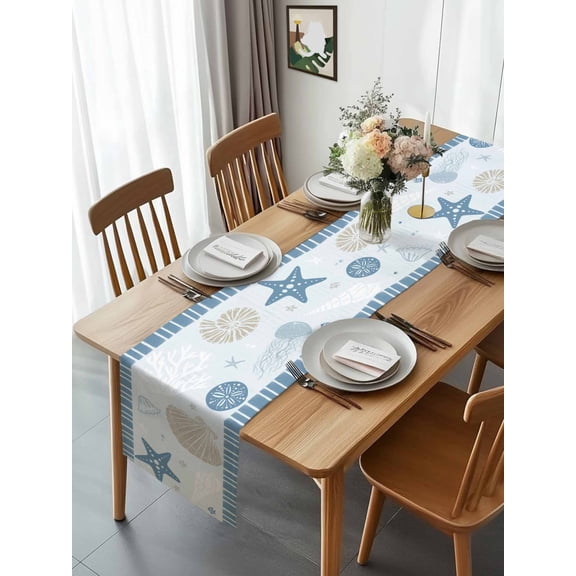 Oceans Shells Stars Jellyfish Nuts Table Runner 13x70in Non-Slip Cotton Linen Table Runners, Blue Stripes Dresser Scarves TableRunner for Dinner Kitchen Dining Wedding Party