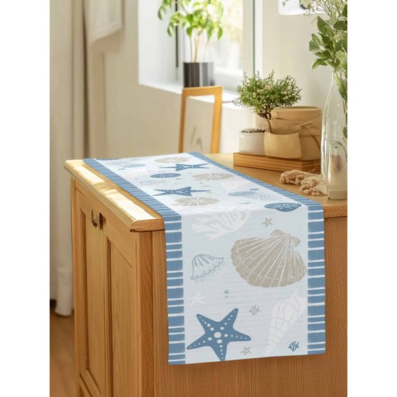Oceans Shells Stars Jellyfish Nuts Table Runner 13x90in Non-Slip Cotton Linen Table Runners, Blue Stripes Dresser Scarves TableRunner for Dinner Kitchen Dining Wedding Party