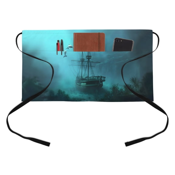 Oceans Shipwrecks Half Waist Apron Fish Dolphins Medieval Style Vintage Short Waiter Aprons with 3 Pockets for Women Men Kitchen Restaurant Cooking