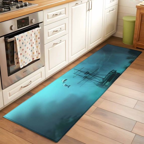 Oceans Shipwrecks Runner Rugs 2x6 ft Fish Dolphins Medieval Style Vintage Washable Hallway Rugs Non-Slip Floor Mats Absorbent Carpet Bedside Runners for Bedroom Kitchen Bathroom Laundry Room