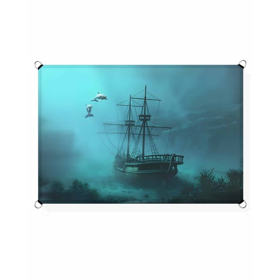Oceans Shipwrecks Sun Shade Sail 14'X18' Fish Dolphins Medieval Style Vintage UV Block Outdoor Sail Shades Breathable Waterproof Rectangular Sunshade for Patio Garden Pool Pergola Porch
