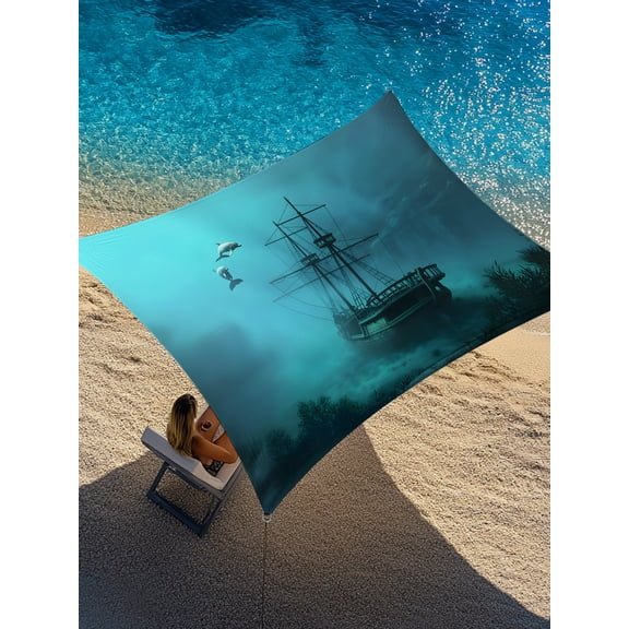 Oceans Shipwrecks Sun Shade Sail 14' x 18', Fish Dolphins Medieval Style Vintage Rectangle Outdoor Sunshade Canopy, Waterproof UV Block Patio Covers for Garden Yard Beach