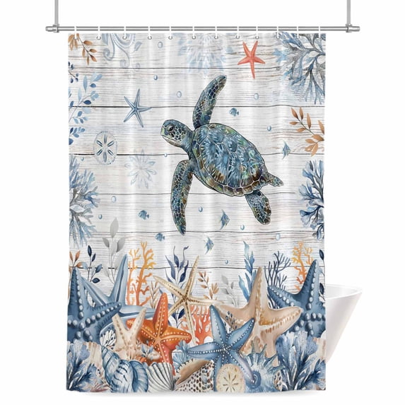 Oceans Shower Curtain, 72" x 72", Coastal Orange Blue Sea Turtles Starfish Wood Gradient Waterproof Bathroom Curtain Washable Shower Curtain Set with 12 Hooks