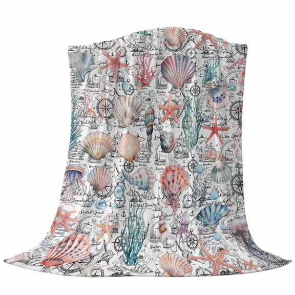 Oceans Starfish Throw Flannel Blanket Shell Marine Life Nautical Modern Style Retro Super Soft Cozy Bed Blanket, Lightweight Plush Fuzzy Bed Throw for Bedroom Sofa Couch Living Room 32x48In,