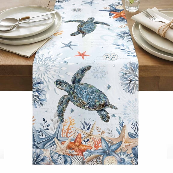 Oceans Table Runner Coastal Orange Blue Sea Turtles Starfish Coral Gradient Table Runners Dresser Scarves Holiday Kitchen Dining Table Decoration for Home Party Indoor 13x36 Inch