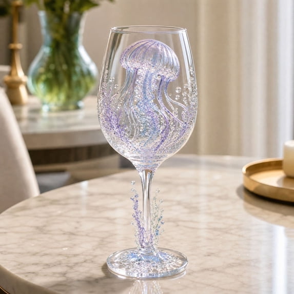 Oceans Treasure Handcrafted Sea Life Wine Glass, Blown Glass Wine Glass with Sea Motifs, Glass Drinkware for Home Decor and Gifting
