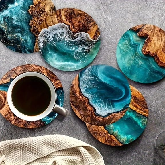 Oceans Tropical Wood Grain Cup Mat Set, 4 Piece Heat Insulating Coasters for Table Protection Indoor Outdoor, Durable Decorative Drink Mats for Kitchen Dining Party Celebration