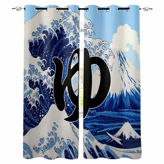 Oceans Waves Black Out Curtains 63 Inch Long, Room Darkening Draperies Curtains Panels, Mountain Peaks Cloudy Japanese Art Thermal Insulated Curtain for Bedroom Living Room 52"x63" 2 Panels