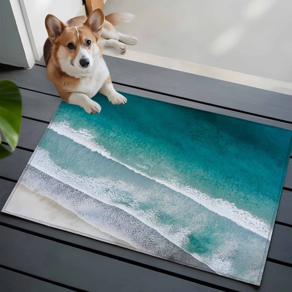 Oceans Waves Front Door Rugs 2x3 ft Beaches Gradient Green Sea Nature Abstract Small Rug for Entryway Non Slip Washable Bathroom Door Mat Absorbent Floor Mat for Indoor Entrance