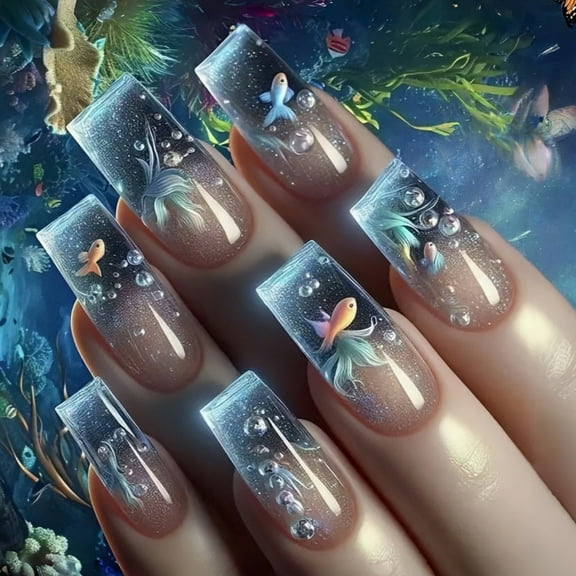 Oceans Waves Press On Nails 24PCS Blue Dolphins Design ABS Artificial Nails NonToxic Easy Apply For Women Girls Natural Look