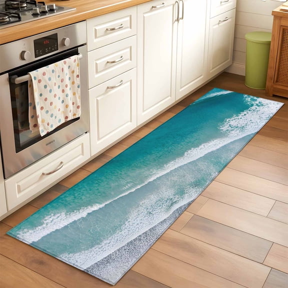 Oceans Waves Runner Rugs 2x6 ft Beaches Gradient Green Sea Nature Abstract Washable Hallway Rugs Non-Slip Floor Mats Absorbent Carpet Bedside Runners for Bedroom Kitchen Bathroom Laundry Room