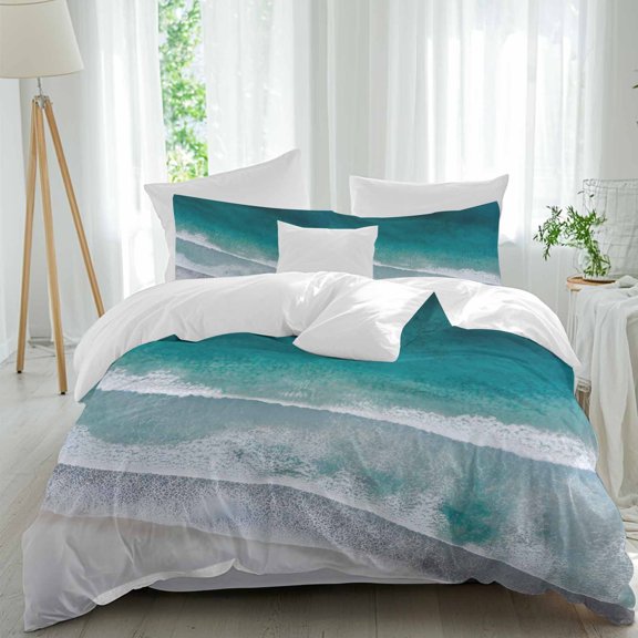 Oceans Waves Twin Size Comforter Set, Beaches Gradient Green Sea Nature Abstract Bedding for All Seasons, 4 Pcs Bed Set, 1 Quiltcover (68"x86") ,1Sheet(67"x116"), 2Pillowcases (30"x20")
