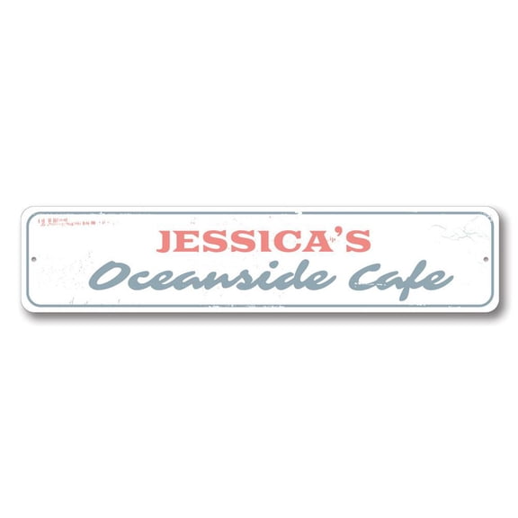 Oceanside Cafe Sign, Restaurant Name Sign, Custom Beach House Sign, Ocean Kitchen Home Aluminum Decor - 4x18 inches