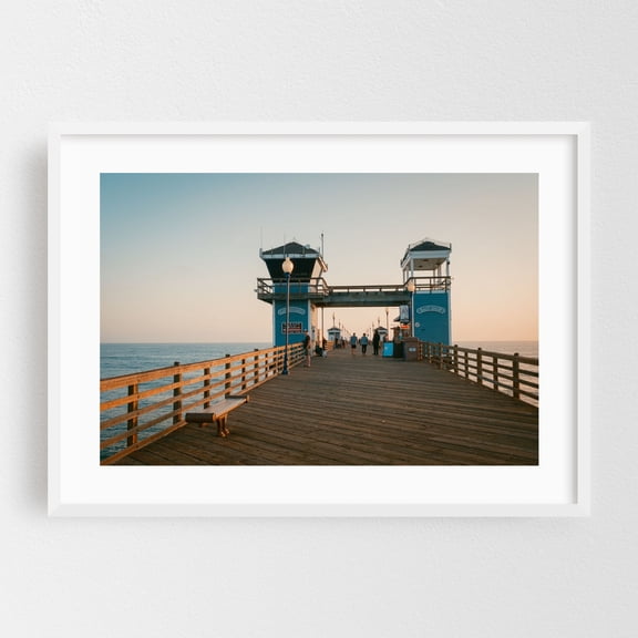 Oceanside Pier - Oceanside California Photography Boardwalk Seaside Ocean Coast Sunset Beach Nautical White Framed Wall Art Print 20 x 30 inches