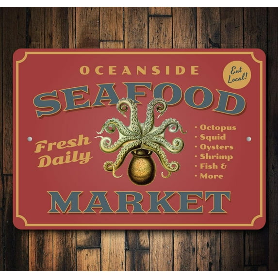 Oceanside Seafood Market Novelty Sign, Metal Wall Decor - 10x14 inches