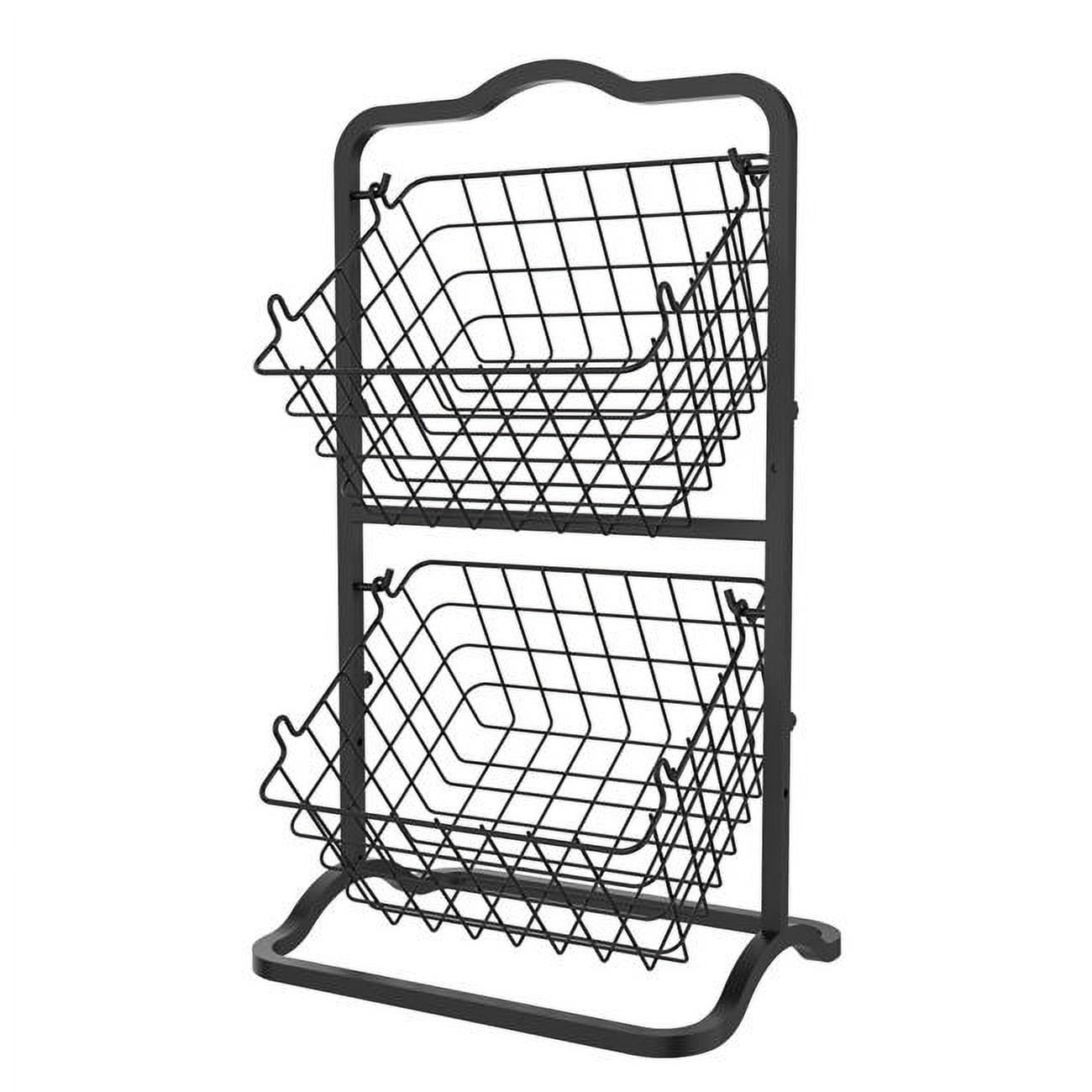 Black 2-Tier Metal Wire Storage Basket Stand