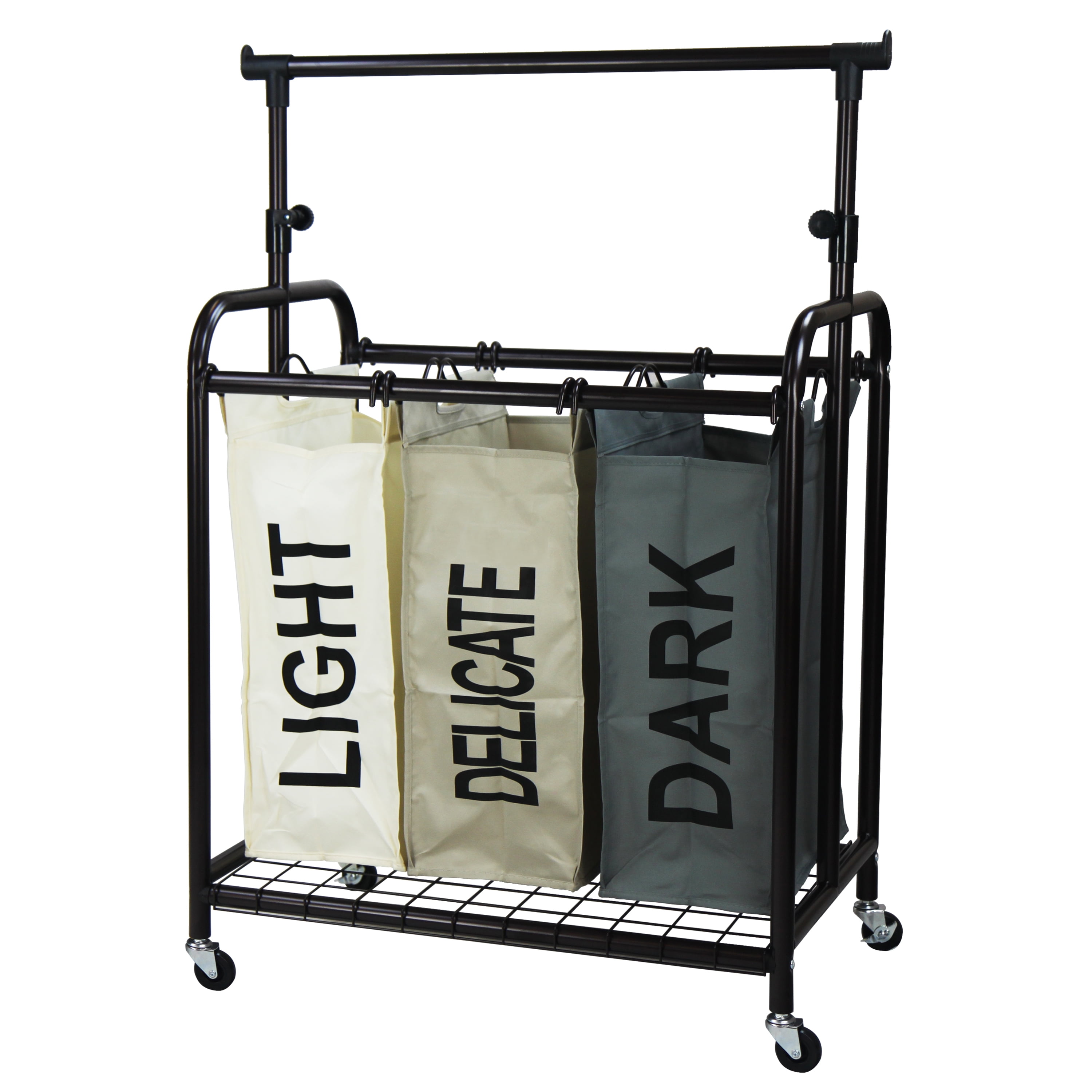 Black Metal 3-Bag Rolling Laundry Sorter with Adjustable Hanging Bar
