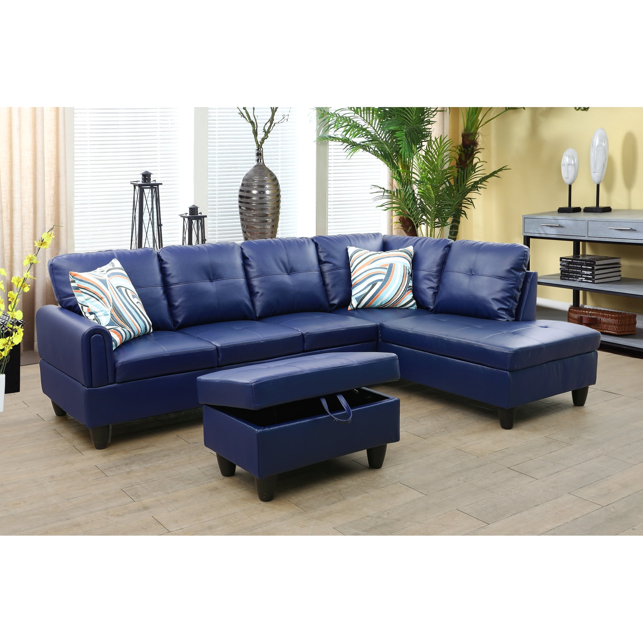 Oceanstar 3-Pieces Sectional Sofa Set,Navy Blue,Faux Leather(09730) Right Facing
