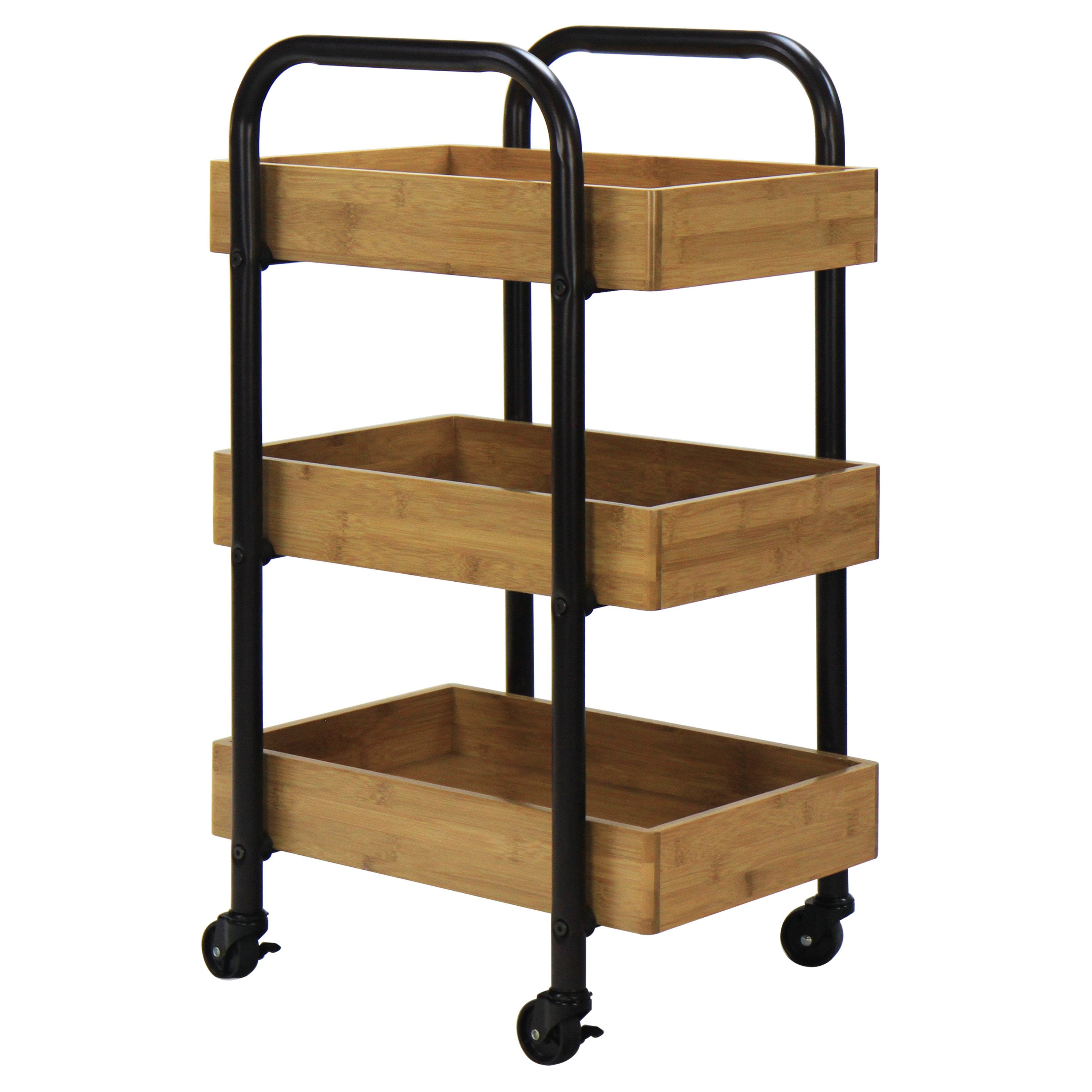 Black and Natural Bamboo 3-Tier Portable Storage Cart