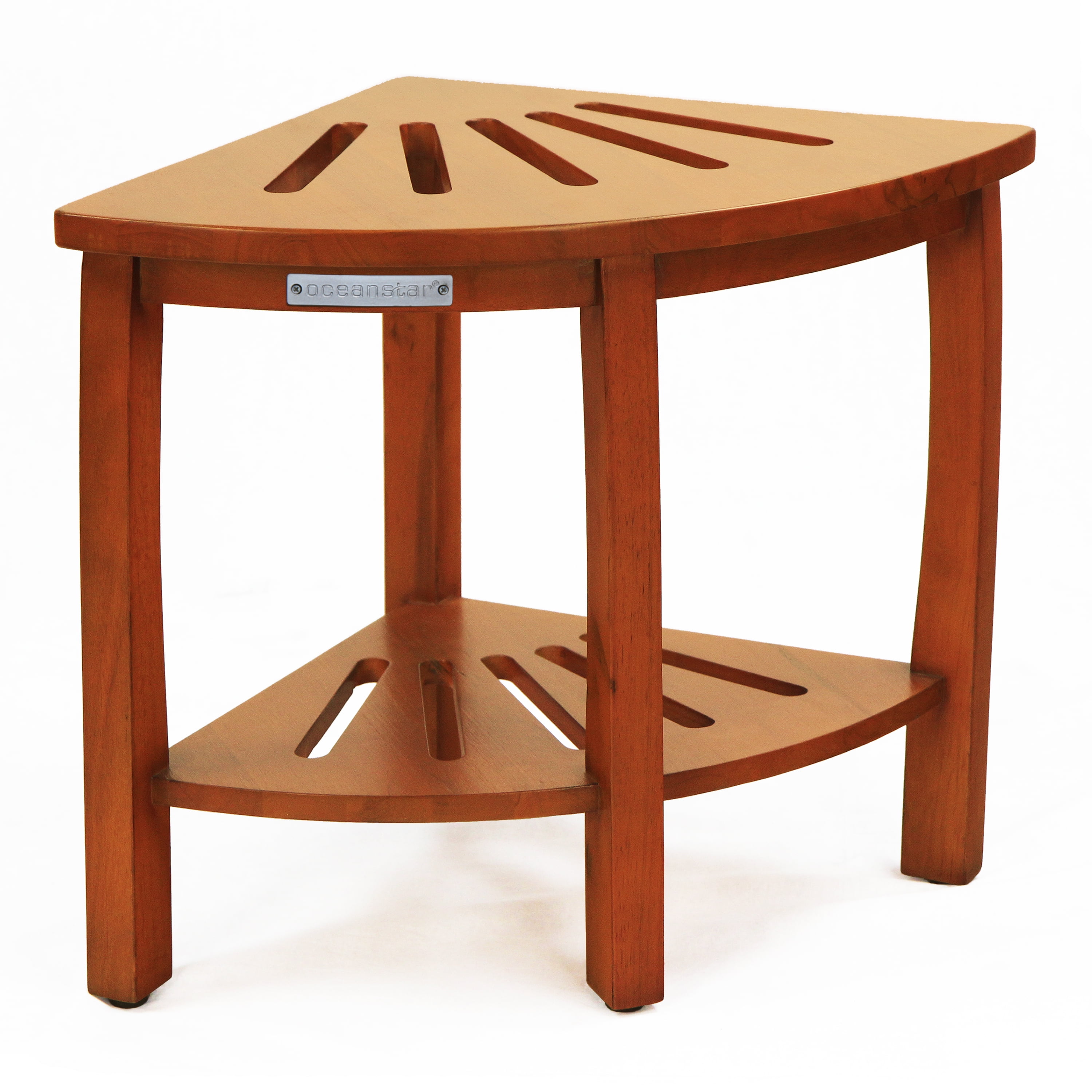 Beige Rubberwood Corner Spa Shower Bench with Storage Shelf