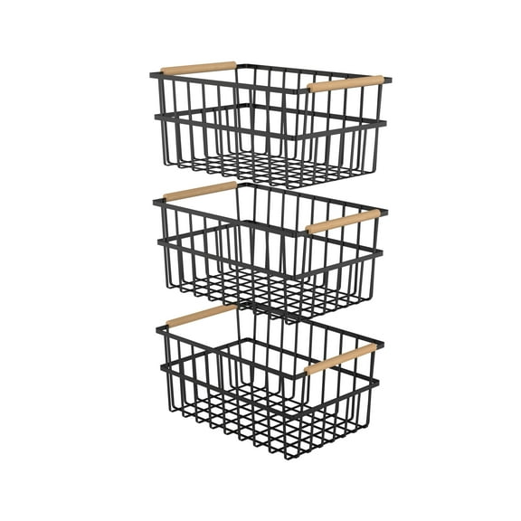 Oceanstar Metal Wire Organizer Bin Basket with Handles, Set of 3, Black