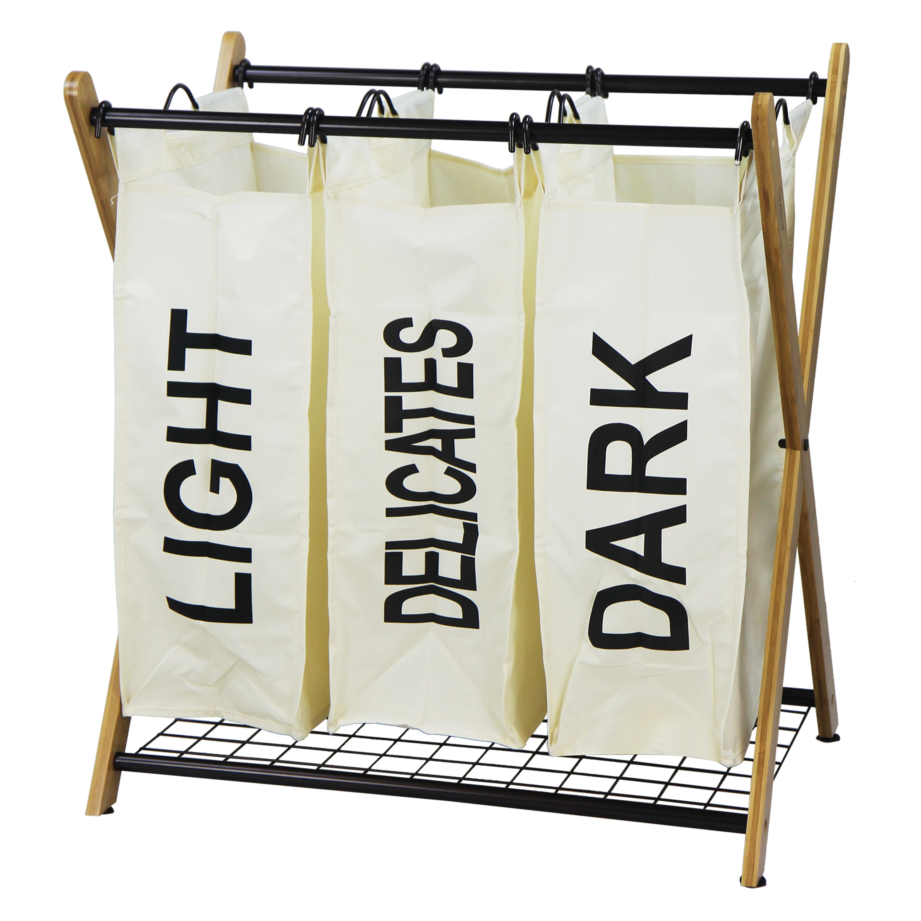 Oceanstar X-Frame Bamboo 3-Bag Laundry Sorter with White Bags