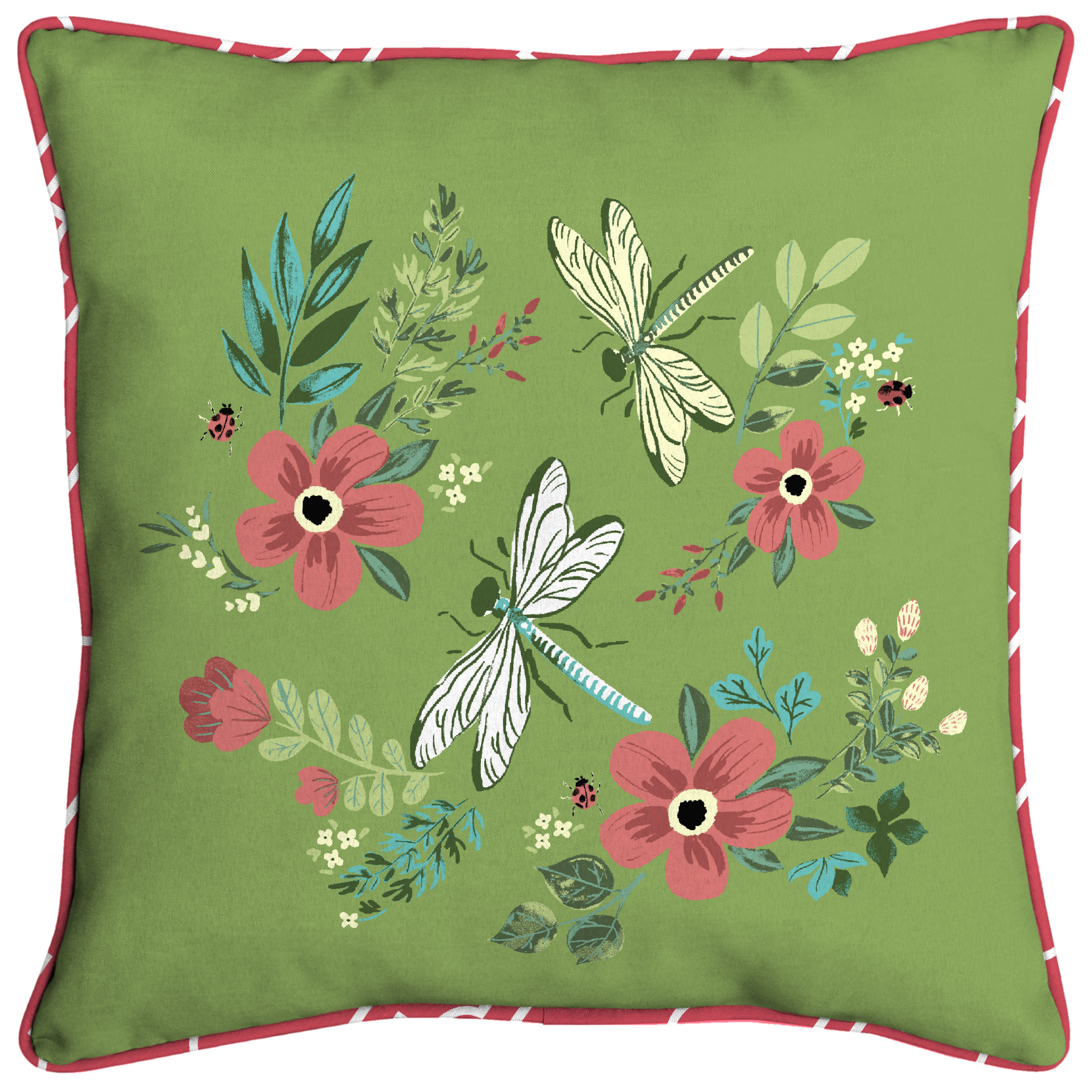 Oceantex 18 in. Square Garden Dragonfly Green Outdoor Throw Pillow