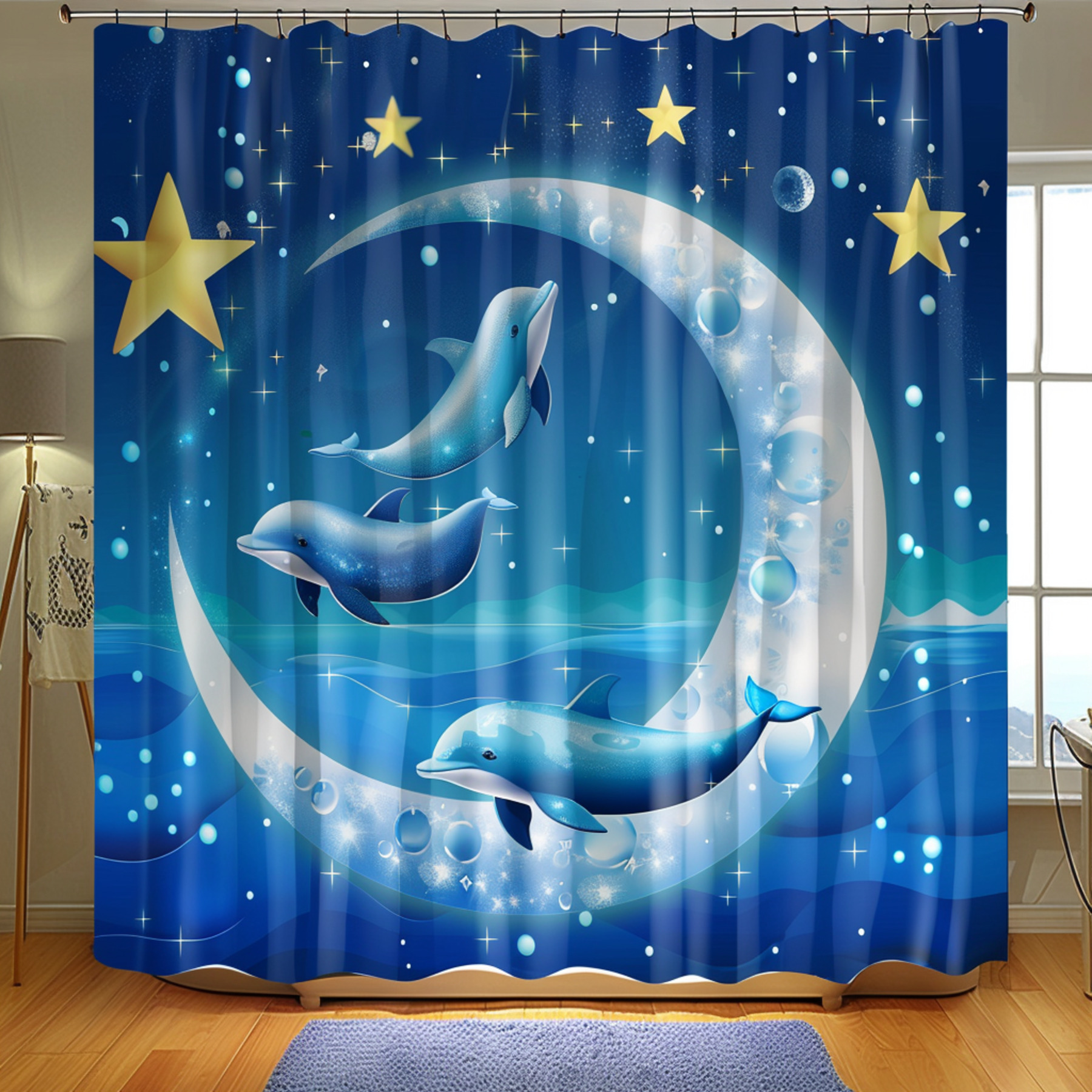 Dolphin Shower Curtain – Modern Blue PEVA Waterproof Bathroom Set With Hooks – Country Club