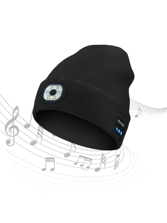 Bluetooth Beanie Hat with Light, Headlamp Cap with Headphones and Built-in Speaker Mic, Gifts for Men Women Teen,Black