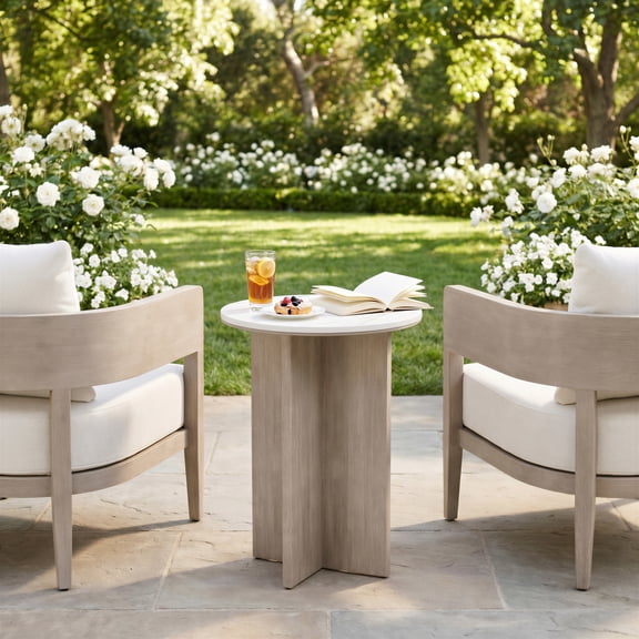 Oceanveil Side Table White End Table, Modern Style, Faux Marble Sintered Stone round shape tabletop, Aluminum, Outdoor Living