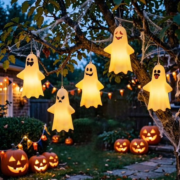 Oceanwell Holidays Ghost LED Night Light, 4.25 Inch Soft Rubber Ghost Lamp with Keychain Ring, Warm Glow Mini Hanging Pendant for Mantel, Shelf, Desk, Bag, Party and Home Decor