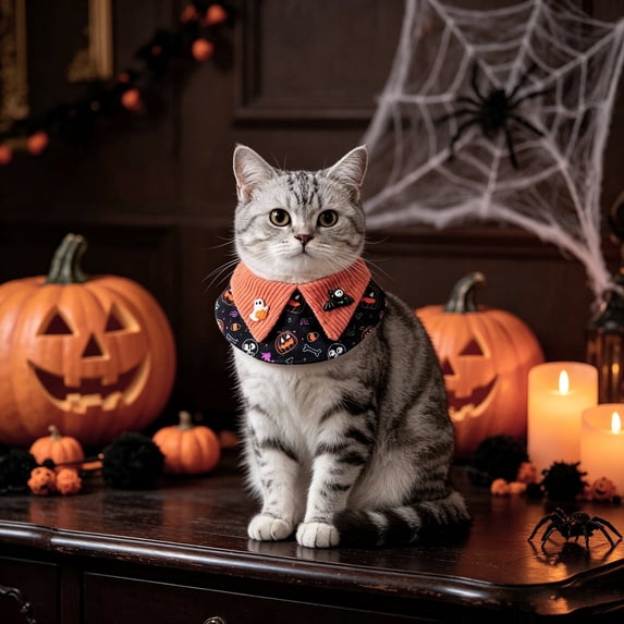 Oceanwell Halloween Pet Cape Collar Adjustable Cat Dog Witch Bandana With Bow Pumpkin Bat Print Decorative Ruffled Pet Neck Scarf For Cats Small Dogs