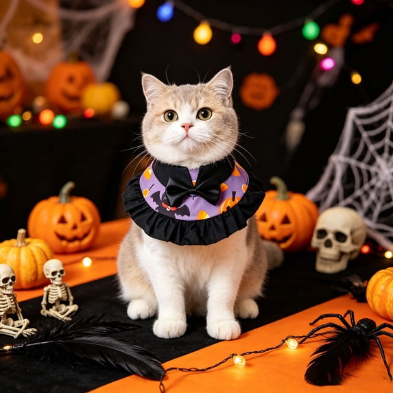 Oceanwell Halloween Pet Cape Collar Adjustable Cat Dog Witch Bandana With Bow Pumpkin Bat Print Decorative Ruffled Pet Neck Scarf For Cats Small Dogs
