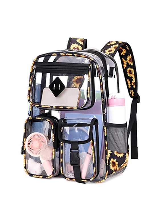 Large Clear Backpack Heavy Duty Stadium Approved See Through Backpack Waterproof Transparent Backpacks Clear Book Bag with Reinforced Strap for School Work Travel,16.93 inch Black Daisy