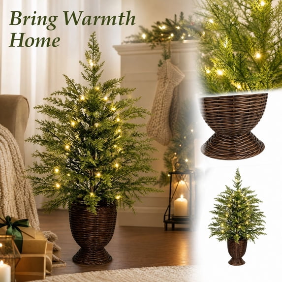 Front Cedar Tree Oceanwell Pre-Lit Artificial Christmas Tree, 36 Inch Cedar Potted Tree ...