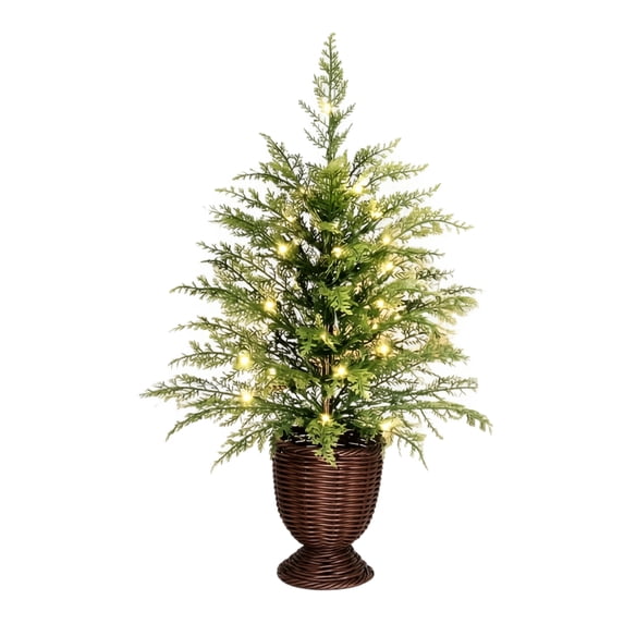 Front Cedar Tree Oceanwell Pre-Lit Artificial Christmas Tree, 36 Inch Cedar Potted Tree ...