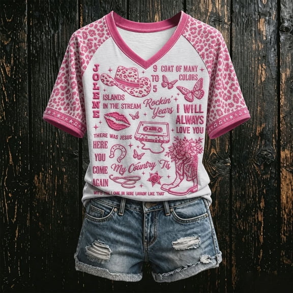Oceanwell Vintage Dolly V‑Neck T‑Shirt, Parton Country Music Shirt, Nashville Western Top, Anniversary Gift, Concert Outfit Graphic Tee,M,Pink