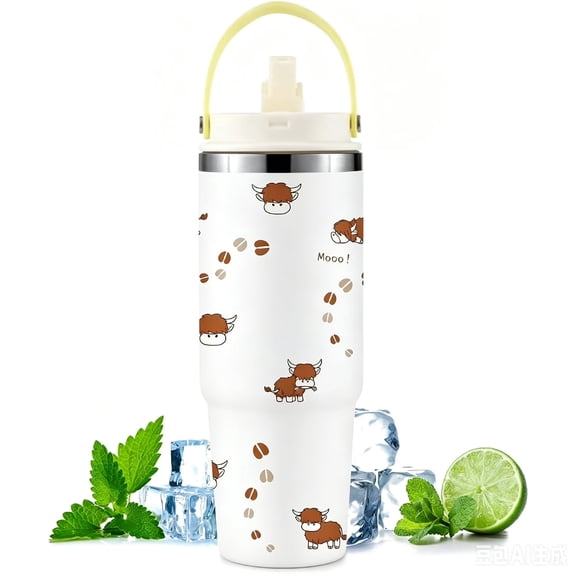 Ochapa 30oz Highland Cattle Tumbler, Stainless Steel Water Cup with Handle & Flip Straw, Travel Coffee Mug, Cute Gift for Women, Cow Lovers, White