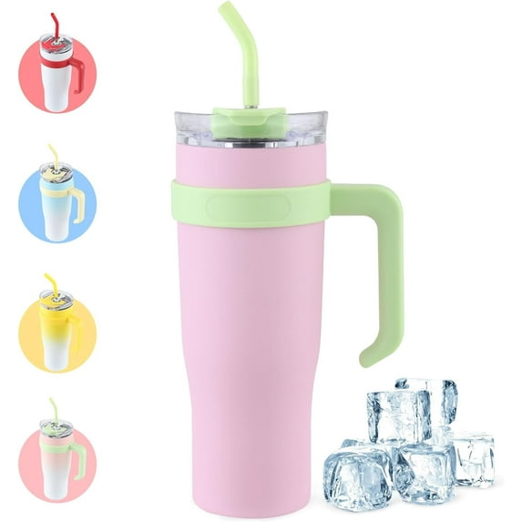 Ochapa 40 oz Tumbler with Handle Straw Lid Insulated Vacuum Stainless Steel Travel Gym Tapered Mug Gift Coffee Cup Holder Friendly Keep Drinks Cold Sweat Proof Resuable, Pink
