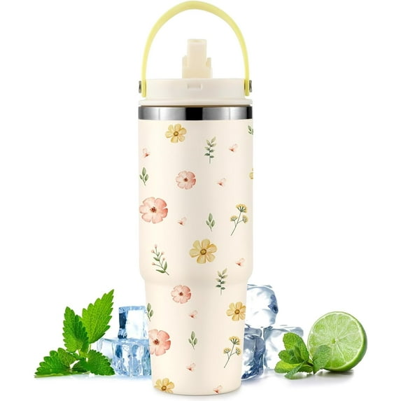 Ochapa Daisy 30oz Tumbler Stainless Steel With Handle Flip Straw, Leakproof Travel Mug iced Coffee Cup, Birthday Mothers Day Christmas Gifts For Women Friends Girls Flower Lovers