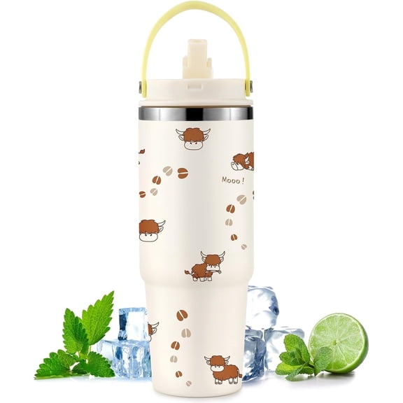 Ochapa Highland Cattle 30oz tumbler Stainless Steel With Handle Flip Straw, Leakproof Travel Mug Coffee Cup, Birthday Cute Gifts For Women Friends Girls Cute Scottish Highland Cow Lovers