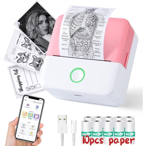 Ochapa Mini Printer, Thermal Printer with 10 Rolls Paper, Inkless Pocket Printpod for Phone, Compatible with iOS & Android for Study Notes & DIY