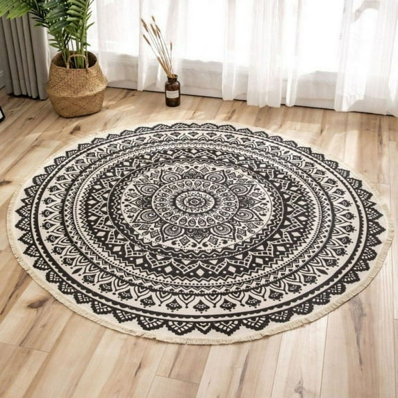 Ochine Boho Round Area Rug for Bedroom Living Room, Soft Cotton Circle Carpet with Mandala Bohemian Floral Pattern & Tassels Fringe, Machine Washable, Chic Indoor Floor Mat, 3 ft