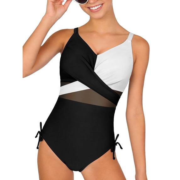 Ochine Girls One Piece Swimsuit Criss Cross Mesh Bathing Suits Color Block Big Girls Modest Swimwear with Removable Pads 9-16Y