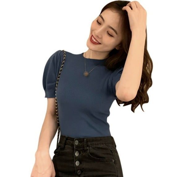 Ochine Knit Shirts Mock Turtle Neck Short Puff Sleeves Blouse Causal Sexy Fitted Blouse Fashion Vintage Summer Sweater Tee Shirt Club Party for Women, Average Size