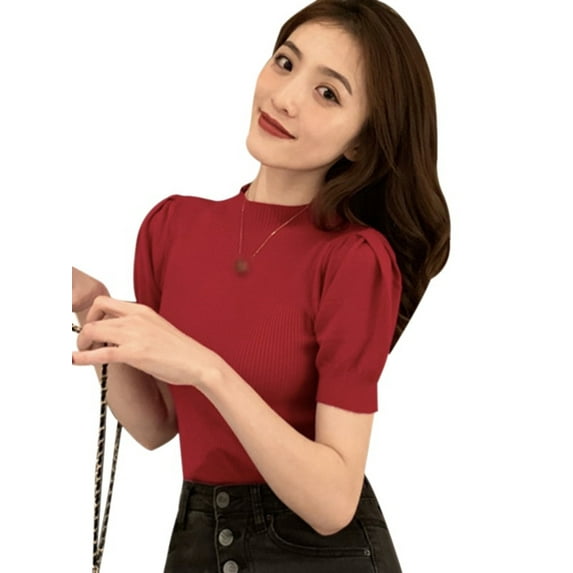 Ochine Knit Shirts Mock Turtle Neck Short Puff Sleeves Blouse Causal Sexy Fitted Blouse Fashion Vintage Summer Sweater Tee Shirt Club Party for Women, Average Size