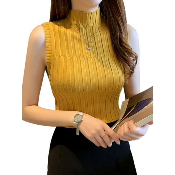 Ochine Knit Shirts Ribbed Mock Turtle Neck Sleeveless Solid Color Tank Top Causal Sexy Fitted Blouse Fashion Vintage Summer Sweater Tee Shirt Club Party for Women, Average Size