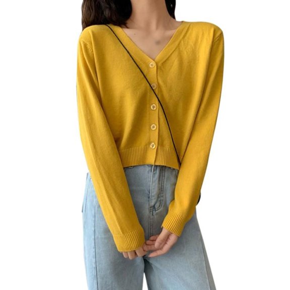 Ochine Knit Top V Neck Button Front Long Sleeve Solid Color Causal Loose Fashion Blouse Summer Sweater Ribbed Cardigan Lightweight Tee Shirts Summer Fall for Women, Average Size