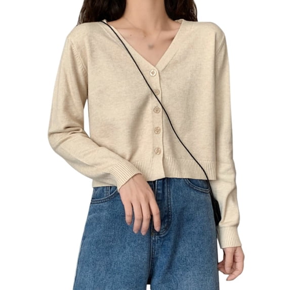 Ochine Knit Top V Neck Button Front Long Sleeve Solid Color Causal Loose Fashion Blouse Summer Sweater Ribbed Cardigan Lightweight Tee Shirts Summer Fall for Women, Average Size