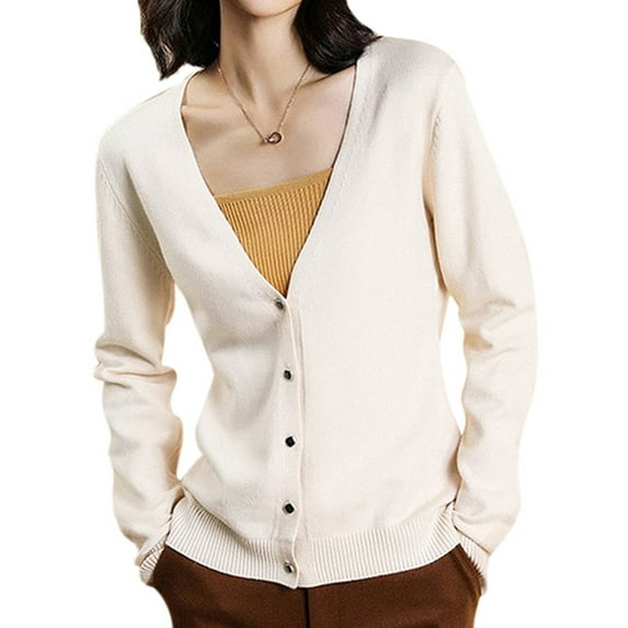 Ochine Knit Top V Neck Button Down Open Front Long Ribbed Sleeve Solid Color Cardigan Causal Loose Fashion Blouse Summer Sweater Cover Up Lightweight Tee Shirts Summer Fall for Women, Average Size